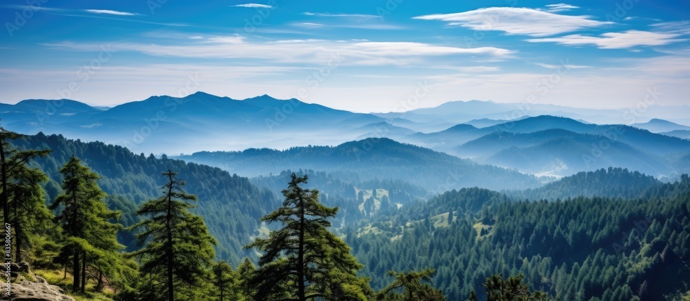 Scenic vista of the Carpathian Mountains with a serene coniferous forest and a clear blue sky as a backdrop, showcasing the beauty of untouched Ukrainian wilderness, creating a peaceful atmosphere