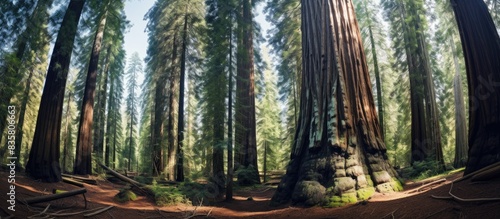 A view from below capturing trees in a redwood forest with copy space image.