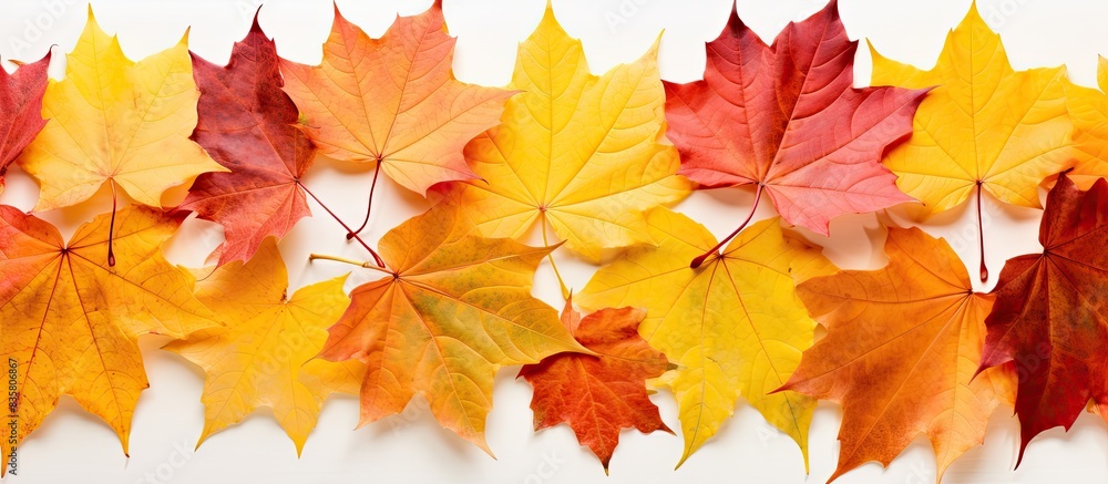 Fototapeta premium An autumn maple leaf set against a white background with copy space image.