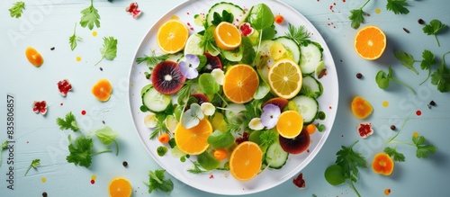 Fresh salad with fruits and greens displayed on a white wooden backdrop in a top view orientation, ideal for adding text in the available copy space image. Promoting a healthy diet.