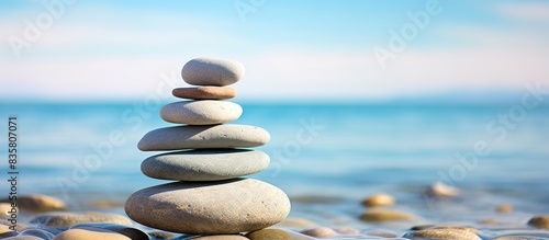 Arranged stones in a Zen stack at the beach  with ample copy space image.