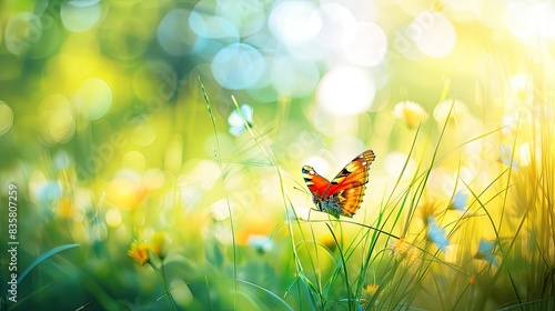 Beautiful colorful natural spring summer background with grass and a fluttering butterfly on a bright sunny day  soft focus  panoramic view 
