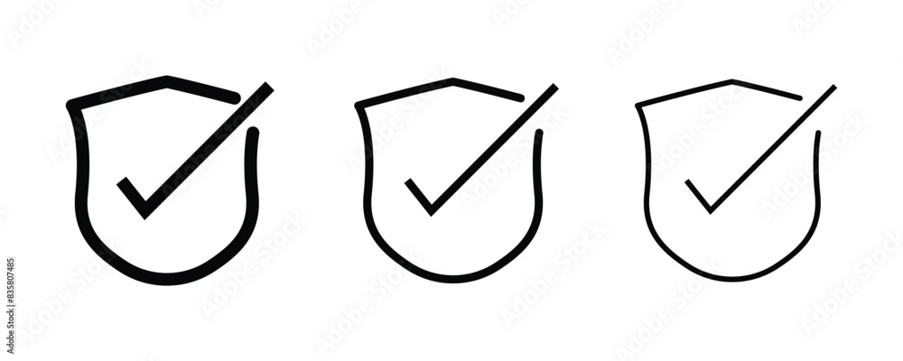 Shield check mark icon or security shield protection icon with tick symbol, isolated with white background. Shield check mark icon or security shield protection icon with tick symbol, isolated with white background.
