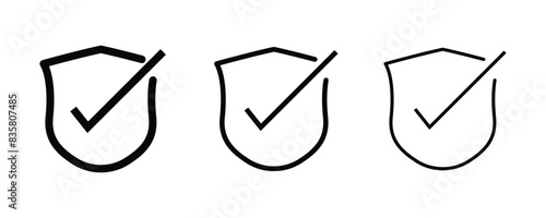 Shield check mark icon or security shield protection icon with tick symbol, isolated with white background.