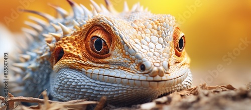 Close-up portrait of a bearded agama lizard featuring detailed skin texture  ideal for use as a copy space image.