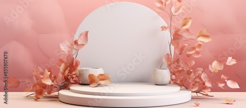 Monochrome beige background with a podium displaying a leaf and circle for showcasing cosmetic products, perfect for branding and packaging presentation with copy space image.