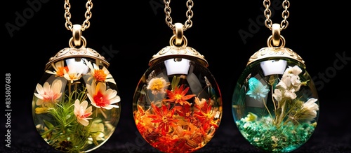 Jewelry crafted with real flowers preserved in epoxy resin creates a stunning design with a copy space image.