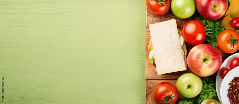 A lunch box on a white wooden surface holds rice, mixed veggies, a boiled egg, and snacks, creating a healthy food concept with copy space in the image; picture taken from the top. A lunch box on a white wooden surface holds rice, mixed veggies, a boiled egg, and snacks, creating a healthy food concept with copy space in the image; picture taken from the top.