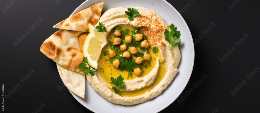 Top view of homemade hummus on a ceramic plate against a white backdrop with copy space image. Top view of homemade hummus on a ceramic plate against a white backdrop with copy space image.