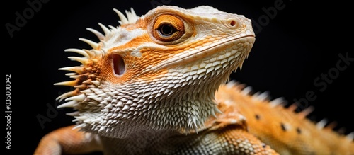 An Australian Bearded Dragon peeks out of a parcel box with copy space image, illustrating the illicit trade of exotic animals. © Ilgun