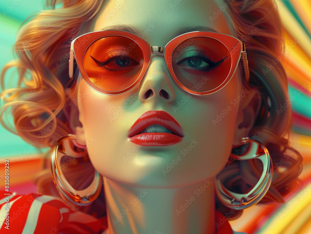 Fototapeta premium Retro style pastel colors summer background. Fashion woman wearing big sunglasses.