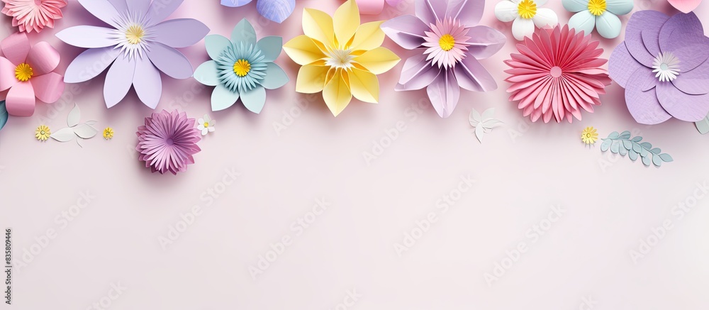 A handmade arrangement of paper flowers on a soft yellow backdrop, perfect for Mother's Day, with a blank space for text or images. Copy space image. Place for adding text and design A handmade arrangement of paper flowers on a soft yellow backdrop, perfect for Mother's Day, with a blank space for text or images. Copy space image. Place for adding text and design
