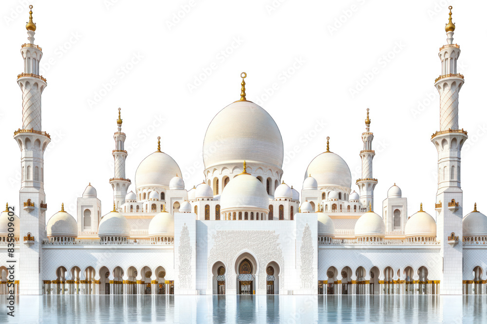 Obraz premium Grand Mosque with domes and minarets reflected in water isolated on transparent background. Architectural photography. Religious and cultural landmark concept for design and print.