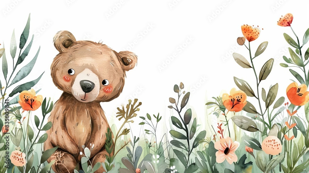 Cute cartoon bear and flower frame border on white background in watercolor childrens illustration Cute cartoon bear and flower frame border on white background in watercolor childrens illustration