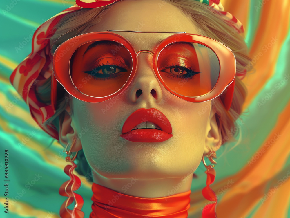 Obraz premium Retro style pastel colors summer background. Fashion woman wearing big sunglasses.