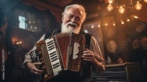 Traditional German accordion player performing folk music at Oktoberfest photo