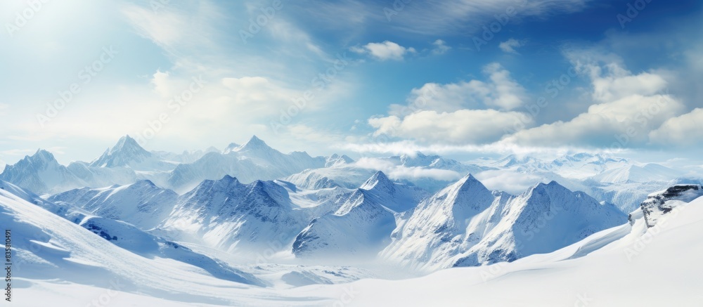 Obraz premium Stunning mountain tourism vacation with a picturesque backdrop and abundant copy space image.
