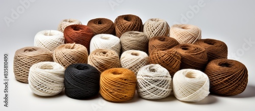 Brown natural fiber thread yarn, string, or rope with copy space image on white background. Used for handicrafts.