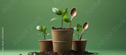Obraz  z motywem Top view of a compostable coffee cup surrounded by green leaves, tree bark, and eco-friendly cutlery on earth-themed, biodegradable, plastic-free, and eco-conscious copy space image.