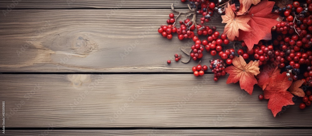 Fall foliage on a rustic wooden surface with room for text. Copy space image. Fall foliage on a rustic wooden surface with room for text. Copy space image.
