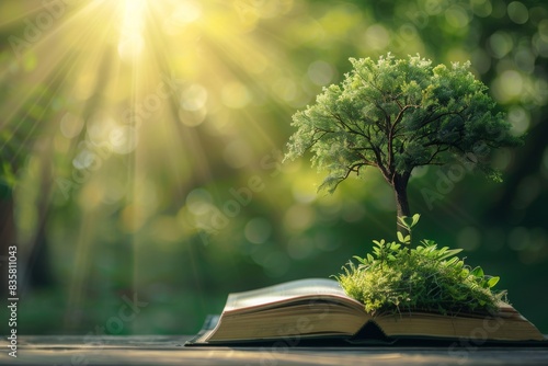 The book portrays a tree in a sunlit forest, symbolizing growth, wisdom, and harmony with nature. Themes include knowledge, learning, and environmental connection for inspiration and creativity photo