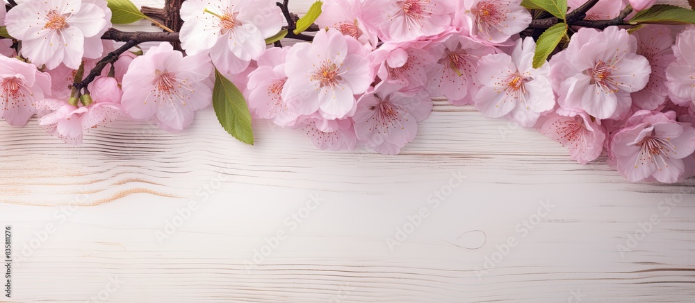 Apple blossoms in spring bloom against a wooden backdrop, creating a picturesque scene with copy space image. Apple blossoms in spring bloom against a wooden backdrop, creating a picturesque scene with copy space image.