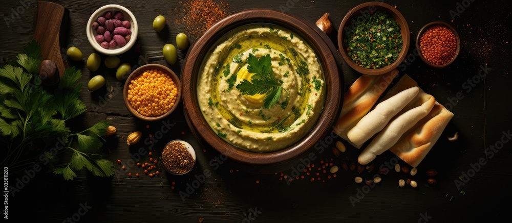 Top view of a Middle Eastern meze platter filled with various delights like green falafel, pita bread, hummus, and more, with ample copy space image. Top view of a Middle Eastern meze platter filled with various delights like green falafel, pita bread, hummus, and more, with ample copy space image.