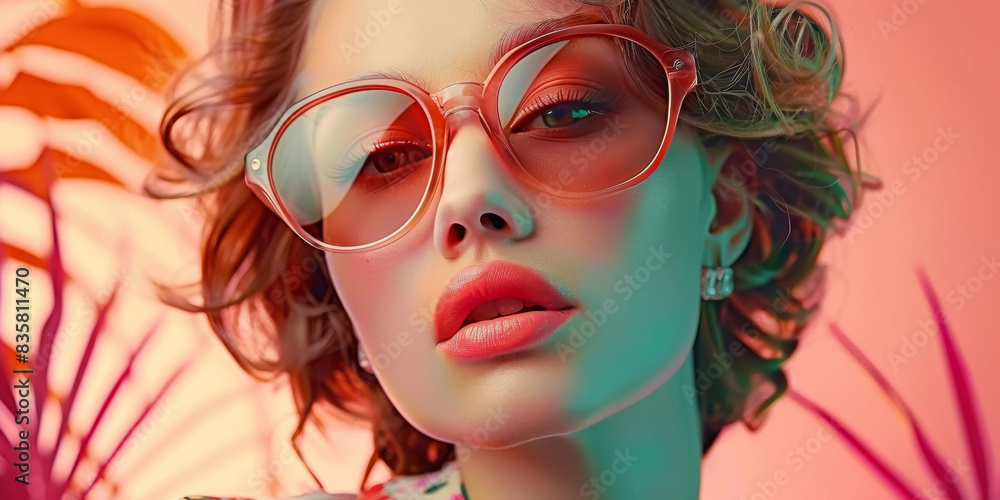 Retro style pastel colors summer background. Fashion woman wearing big sunglasses. Retro style pastel colors summer background. Fashion woman wearing big sunglasses.