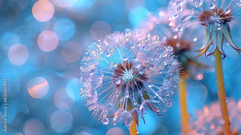 Fototapeta premium Sparkling Dewdrop on Dandelion Seed, Macro Photography, AI-Generated 4K Wallpaper. This captivating macro image showcases a single dandelion seed glistening with a dewdrop, creating a mesmerizing visu