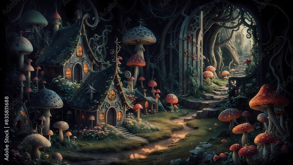 Fototapeta premium Whimsical fairy garden with tiny houses, colorful mushrooms, and a hidden entrance to a larger world