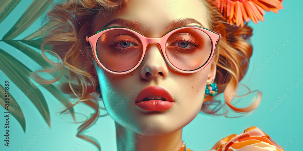 Retro style pastel colors summer background. Fashion woman wearing big sunglasses. Retro style pastel colors summer background. Fashion woman wearing big sunglasses.