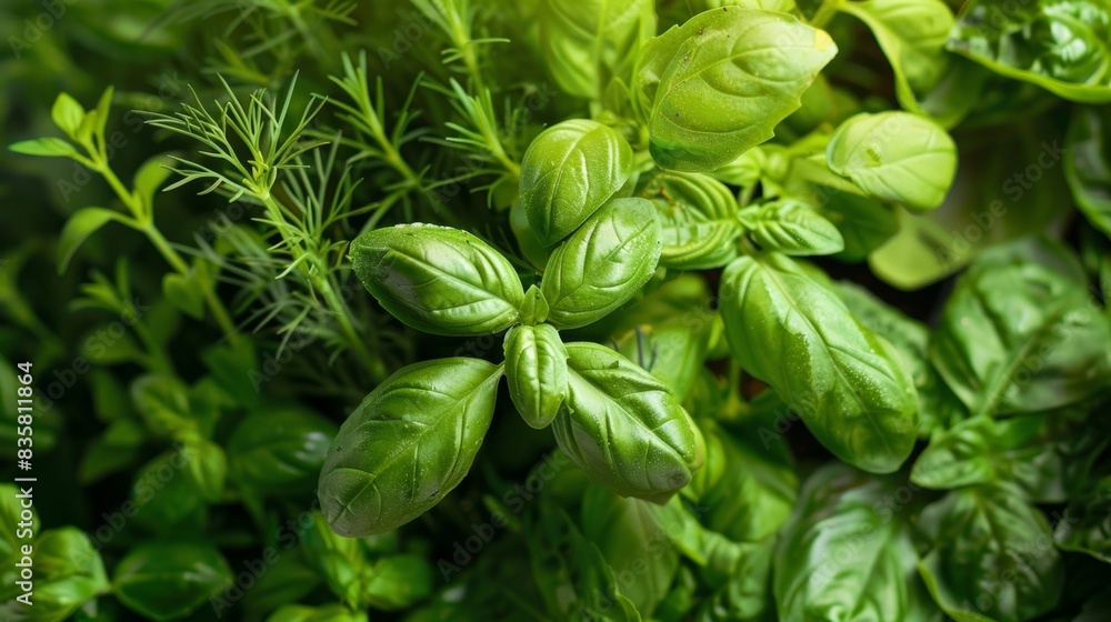 The delicious scent of fresh basil thyme and dill wafting from a windowsill herb garden evoking images of warm summer days. The delicious scent of fresh basil thyme and dill wafting from a windowsill herb garden evoking images of warm summer days.
