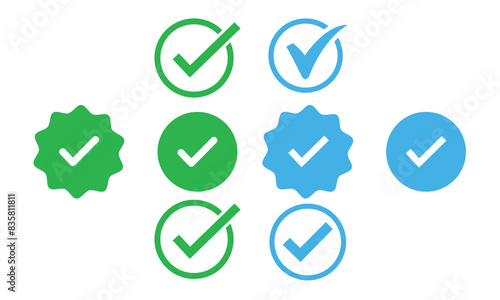 Verified badge icon tick symbol vector approved check mark icon. Blue green checkmark icons - Certificate badge Quality certify symbol.