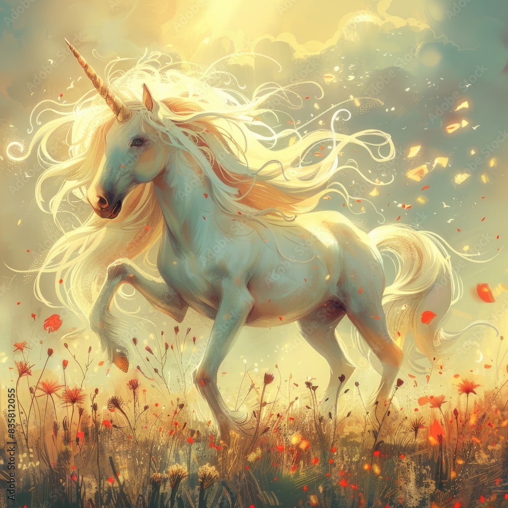 Enchanting Mythical Unicorn Grazing in a Dreamy Fantasy Meadow under Soft Pastel Skies - Magical Illustration Enchanting Mythical Unicorn Grazing in a Dreamy Fantasy Meadow under Soft Pastel Skies - Magical Illustration
