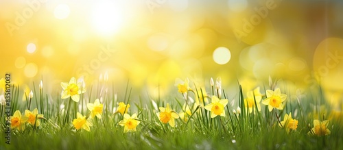 Scenic view of daffodils and narcissus in a stunning natural setting during summer  Easter  and spring with copy space image.