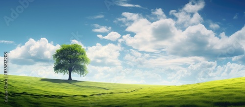 Solitary tree standing in a field  beneath a vivid blue sky on a sunny summer day  with space for a design or text in the picture. Copy space image. Place for adding text and design