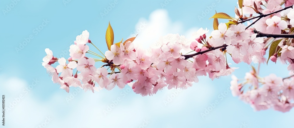 A serene photo featuring pink and white cherry blossoms, green leaves, and a cloudy sky is ideal for ceiling decoration with copy space image. A serene photo featuring pink and white cherry blossoms, green leaves, and a cloudy sky is ideal for ceiling decoration with copy space image.