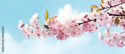 A serene photo featuring pink and white cherry blossoms  green leaves  and a cloudy sky is ideal for ceiling decoration with copy space image.