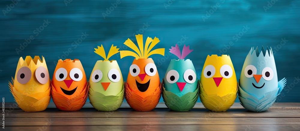 Easter-themed kindergarten decorations featuring a bunny, a chick, an egg, and a bee made from recycled toilet paper rolls - a creative and eco-friendly DIY idea with copy space image. Easter-themed kindergarten decorations featuring a bunny, a chick, an egg, and a bee made from recycled toilet paper rolls - a creative and eco-friendly DIY idea with copy space image.