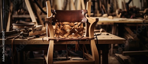 A skilled upholsterer trims a chair's strap in his workshop using scissors, with a selected focus on the scene, showcasing a narrow depth of field for copy space image.