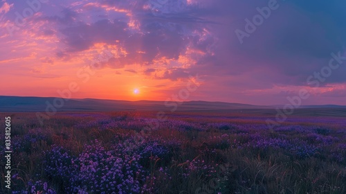 Beautiful panoramic natural landscape with a beautiful bright textured sunset over a field of purple wild grass and flowers 