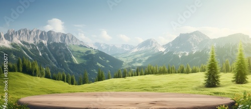A podium with a flying stone base set against mountain scenery, ideal for displaying merchandise, featuring a stunning mountain backdrop and clear blue sky in a high-quality copy space image. © Ilgun