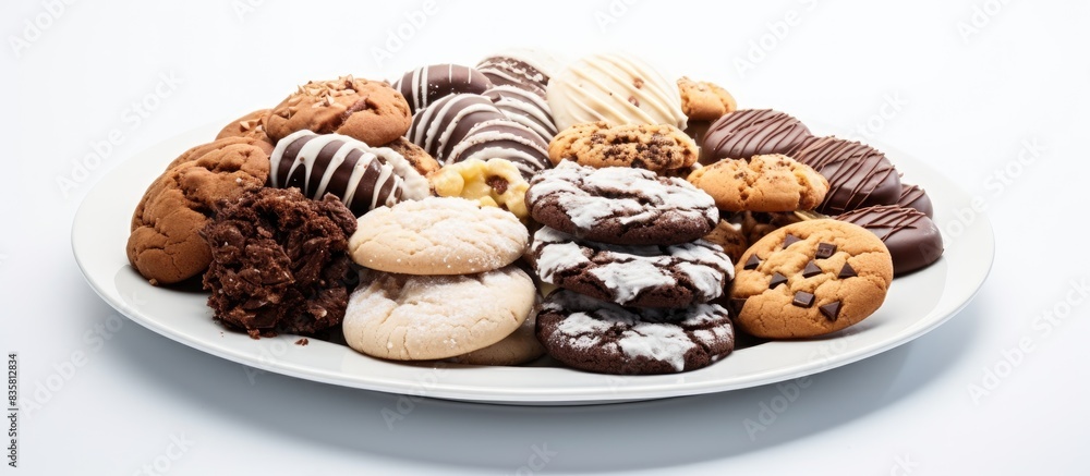 Homemade chocolate chip cookies on a plate with a white background, ideal for a copy space image Homemade chocolate chip cookies on a plate with a white background, ideal for a copy space image