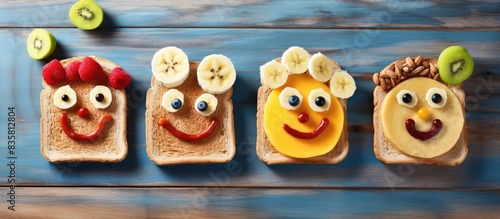 Close-up of a healthy snack featuring bananas and peanut butter with colorful sprinkles on a light wooden table. Ideal for kids' breakfast or brunch with selective focus on the copy space image.