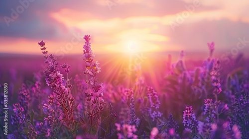 Beautiful panoramic natural landscape with a beautiful bright textured sunset over a field of purple wild grass and flowers. 