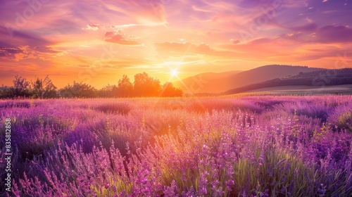 Beautiful panoramic natural landscape with a beautiful bright textured sunset over a field of purple wild grass and flowers 