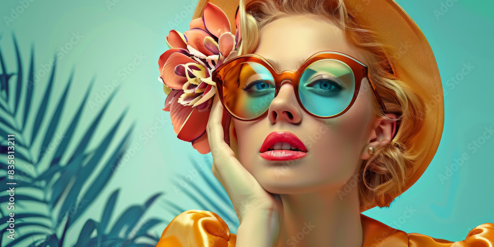 Fototapeta premium Retro style pastel colors summer background. Fashion woman wearing big sunglasses.