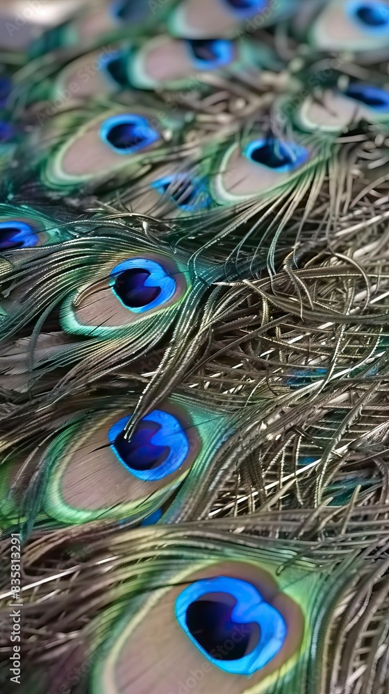 Obraz premium Blue peacock feathers in closeup 