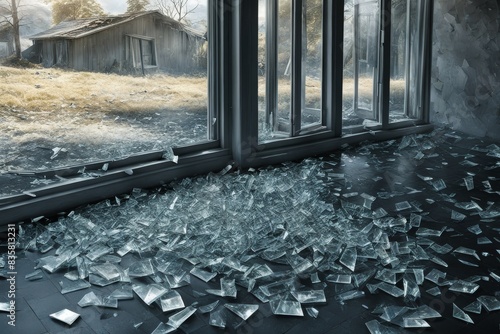 Broken Window: Broken window, glass shards scattered on the ground. The wind blows through the broken window, making the house cold and uncomfortable. generative AI