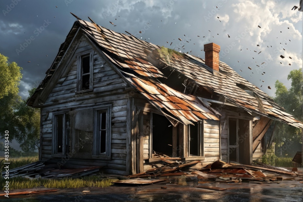 A damaged roof with shingles torn off and holes in the wood. Damaged Roof Leaks as Storm Rages On. generative AI A damaged roof with shingles torn off and holes in the wood. Damaged Roof Leaks as Storm Rages On. generative AI